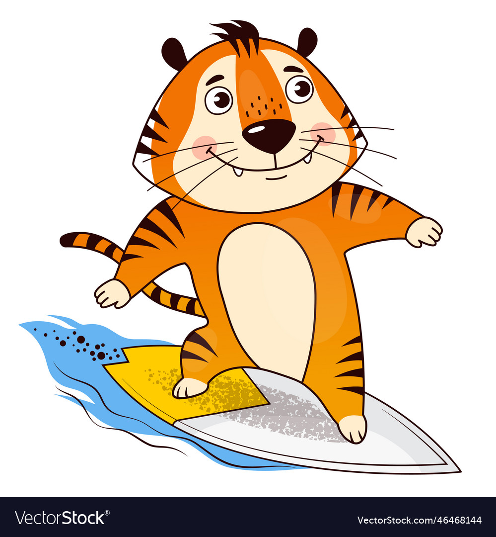 Cool cartoon surfer tiger catches the wave symbol