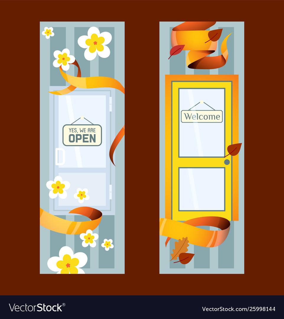 Front doors to houses and buildings set banners