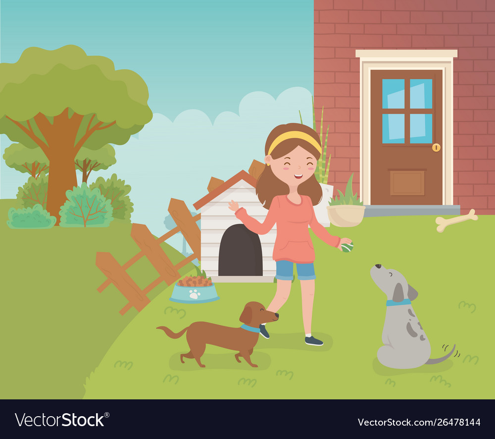 Young woman with little dogs mascots in house