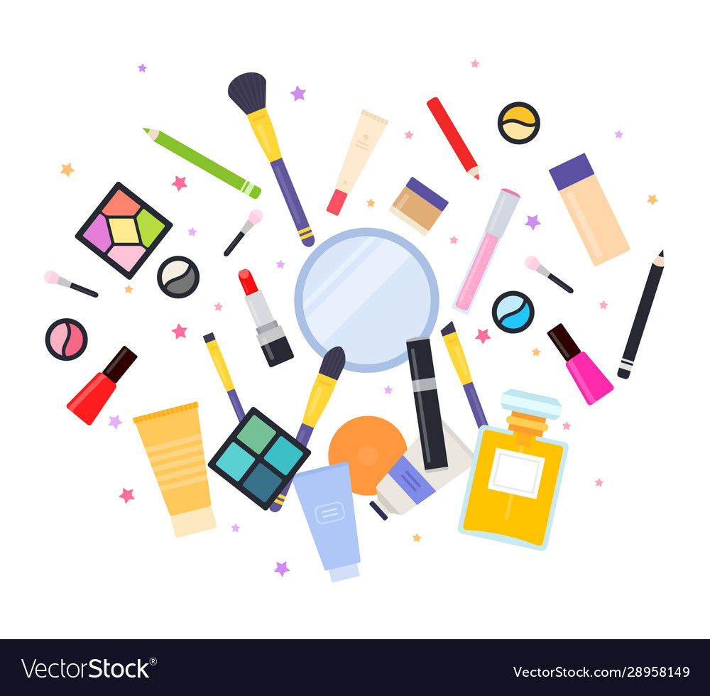 Makeup tools are scattered on white flat isolated