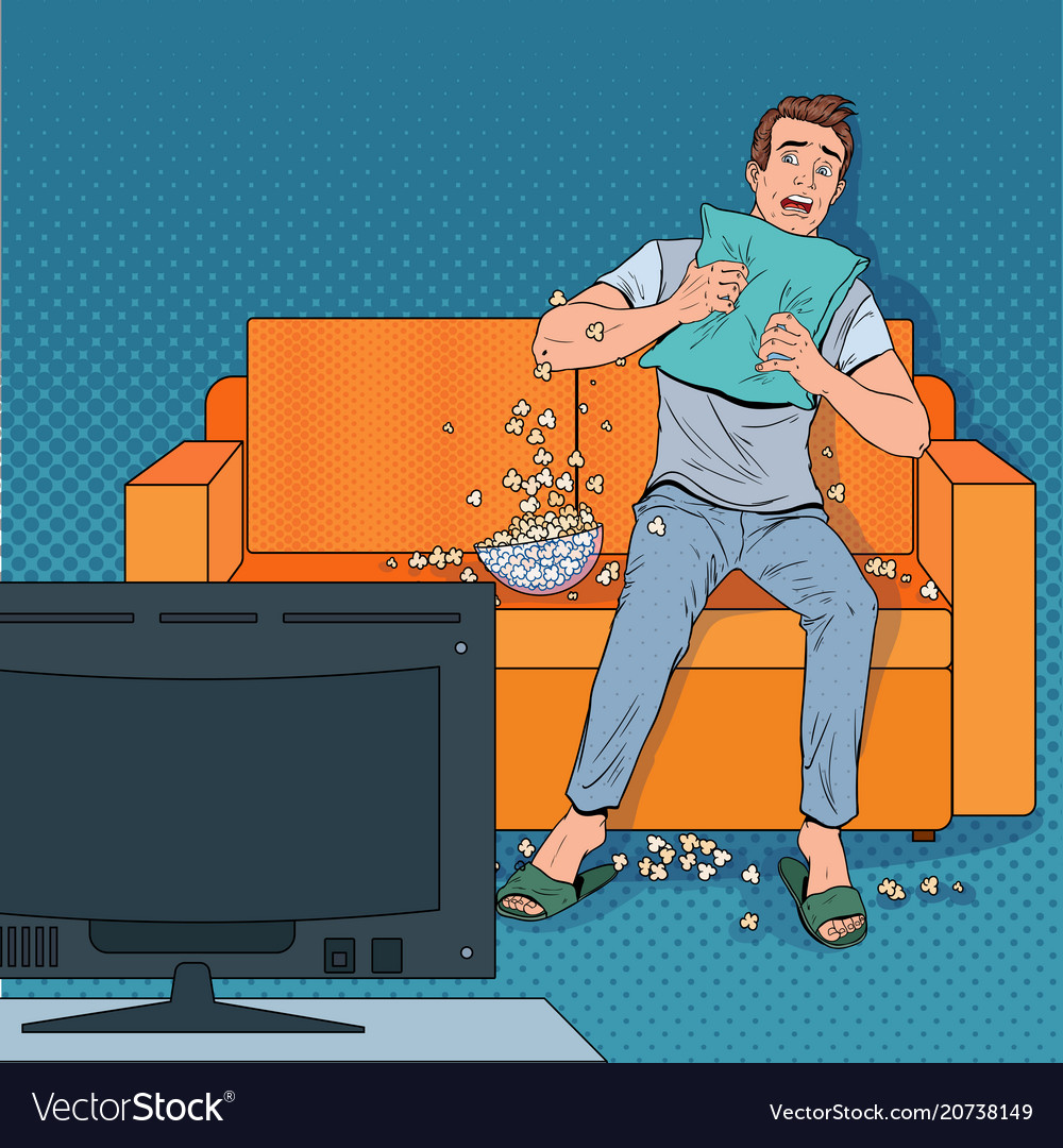 Pop art man watching a horror movie at home Vector Image