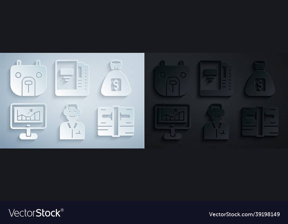 Set trader money bag computer with growth graph vector image Set trader money bag computer with growth graph