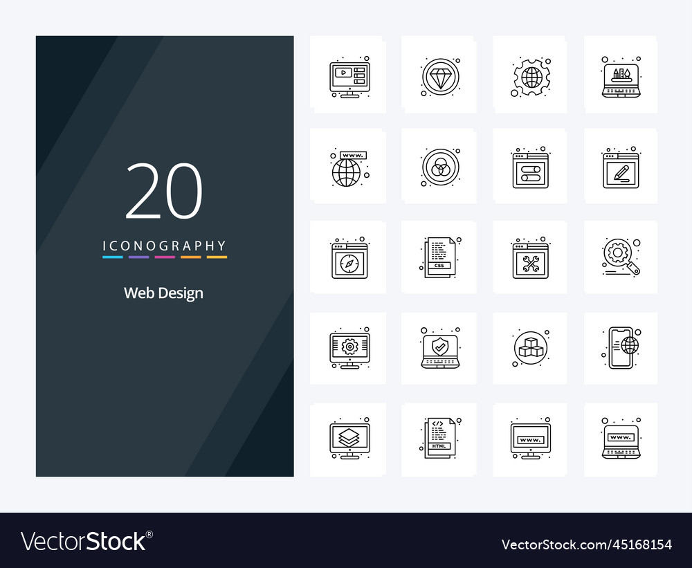 20 web design outline icon for presentation