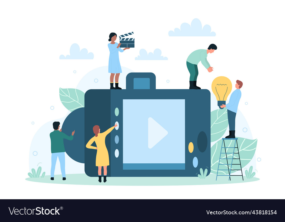 Backstage studio process with camera and tiny vector image Backstage studio process with camera and tiny
