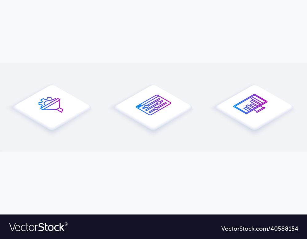 Set isometric line sales funnel with gear browser