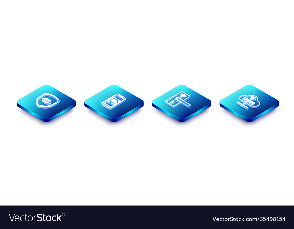 Set isometric line shield and eye mobile scan vector image Set isometric line shield and eye mobile scan