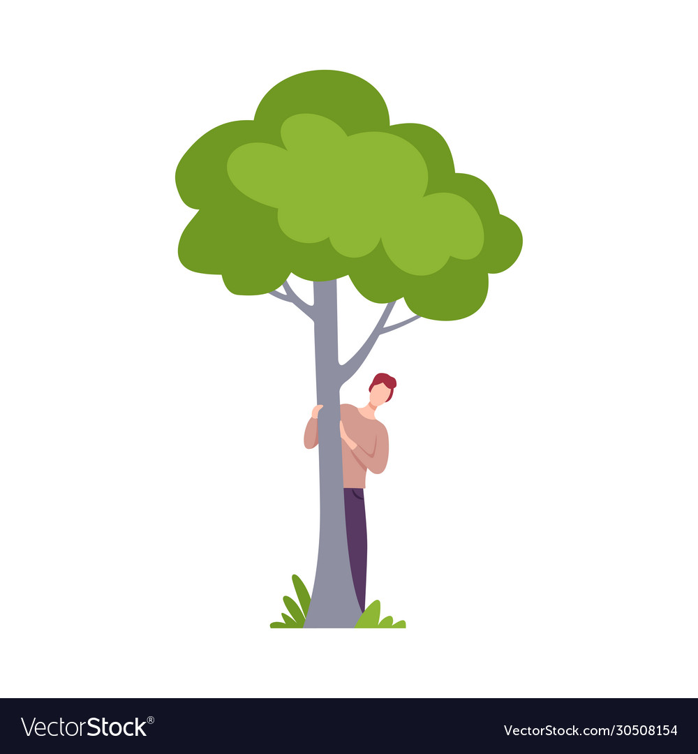 Young Man Standing And Peeking Behind Green Tree Vector Image