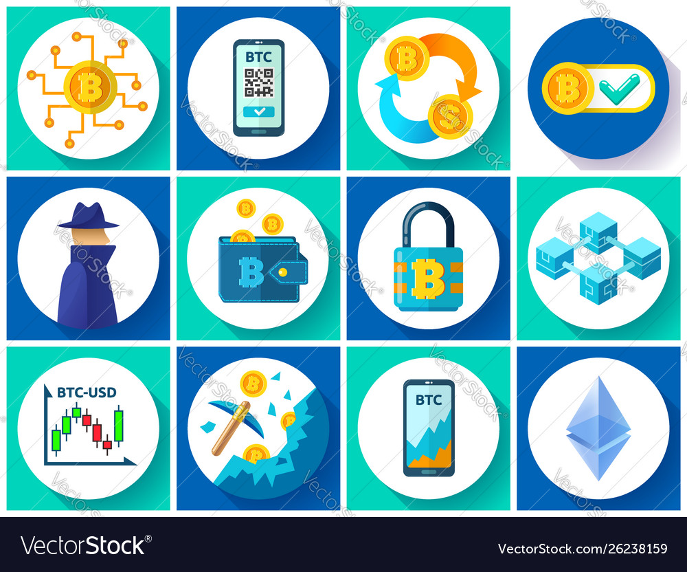Bitcoin icons set cryptocurrency mining vector image Bitcoin icons set cryptocurrency mining