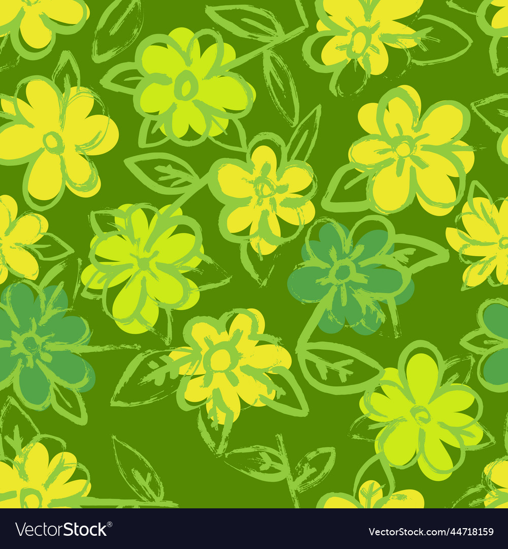 Dry brush flower seamless green pattern hand