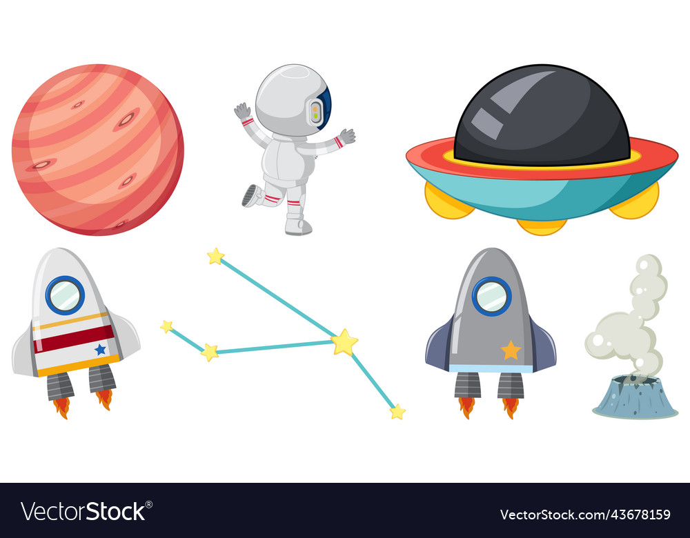 Set of space cartoon characters and objects vector image Set of space cartoon characters and objects