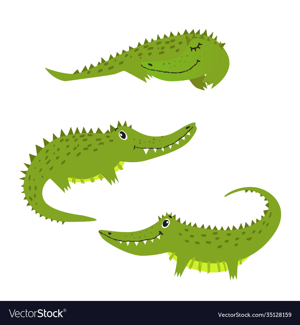 Set three cute crocodiles in flat style Royalty Free Vector