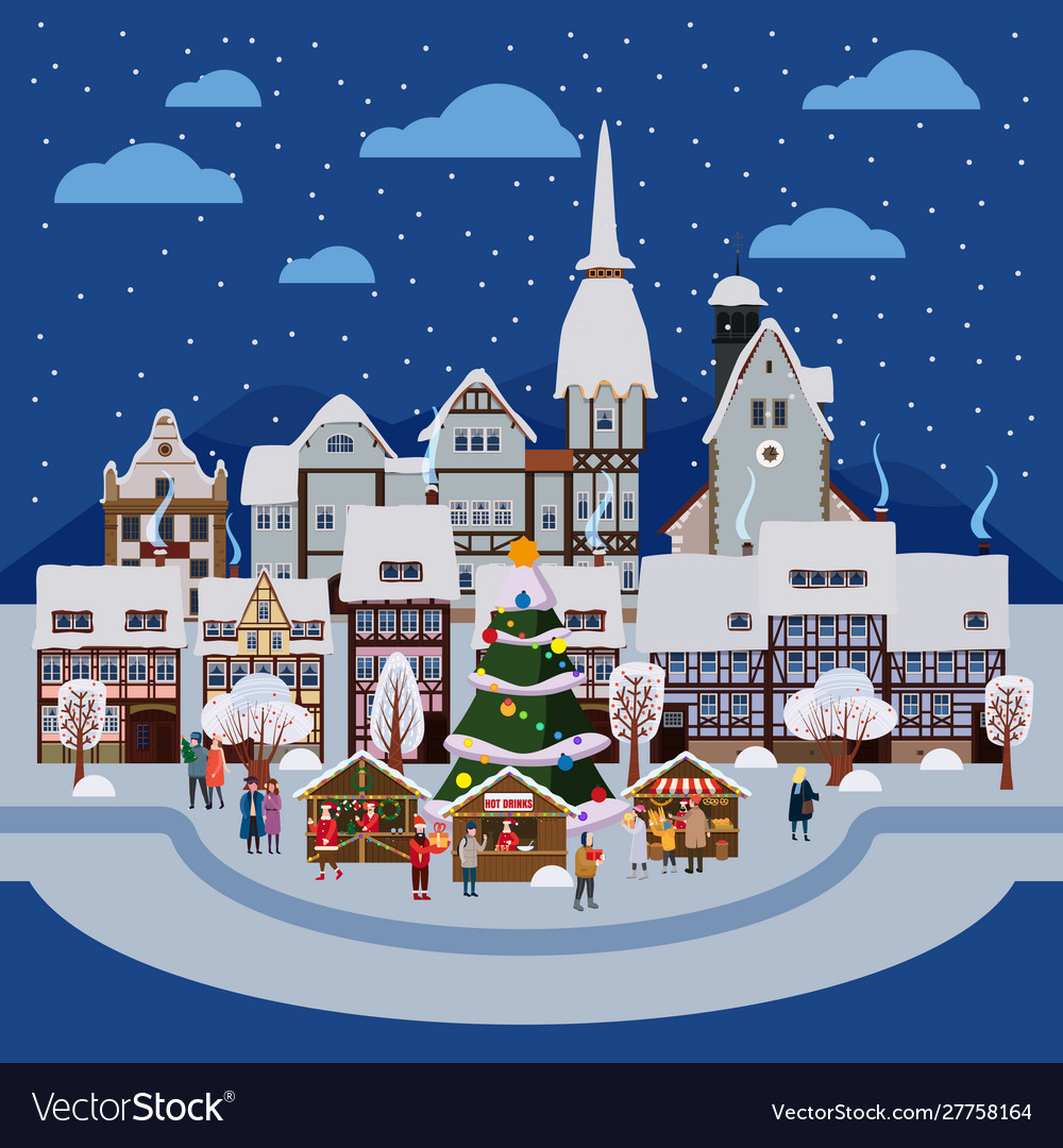 Christmas urban night winter city street with old vector image Christmas urban night winter city street with old