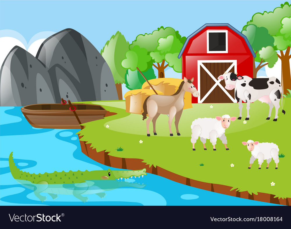 Farm scene with animals by the river