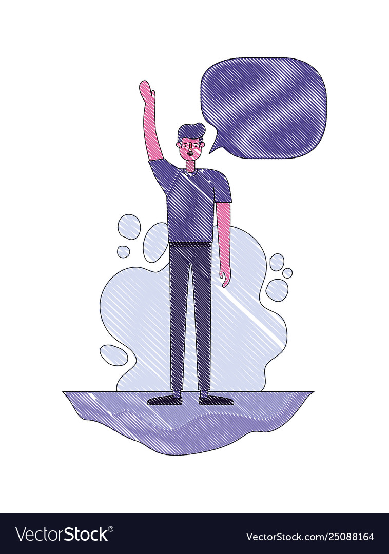 Man with hand up and speech bubble