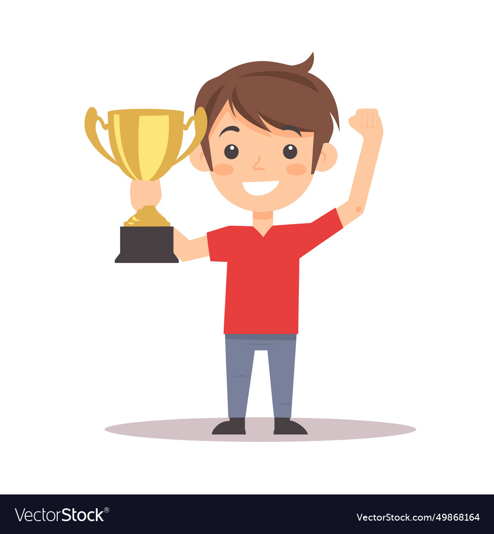 Young boy in red shirt holding a gold trophy vector image Young boy in red shirt holding a gold trophy