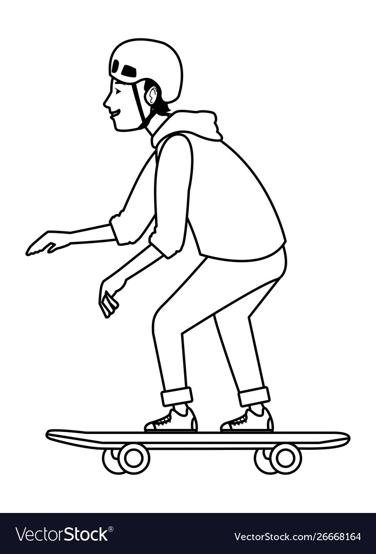 Young man on skateboard cartoon in black and white