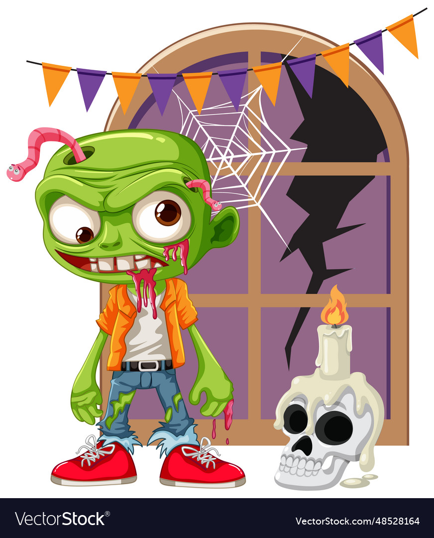 Zombie stands in front of broken halloween window Vector Image