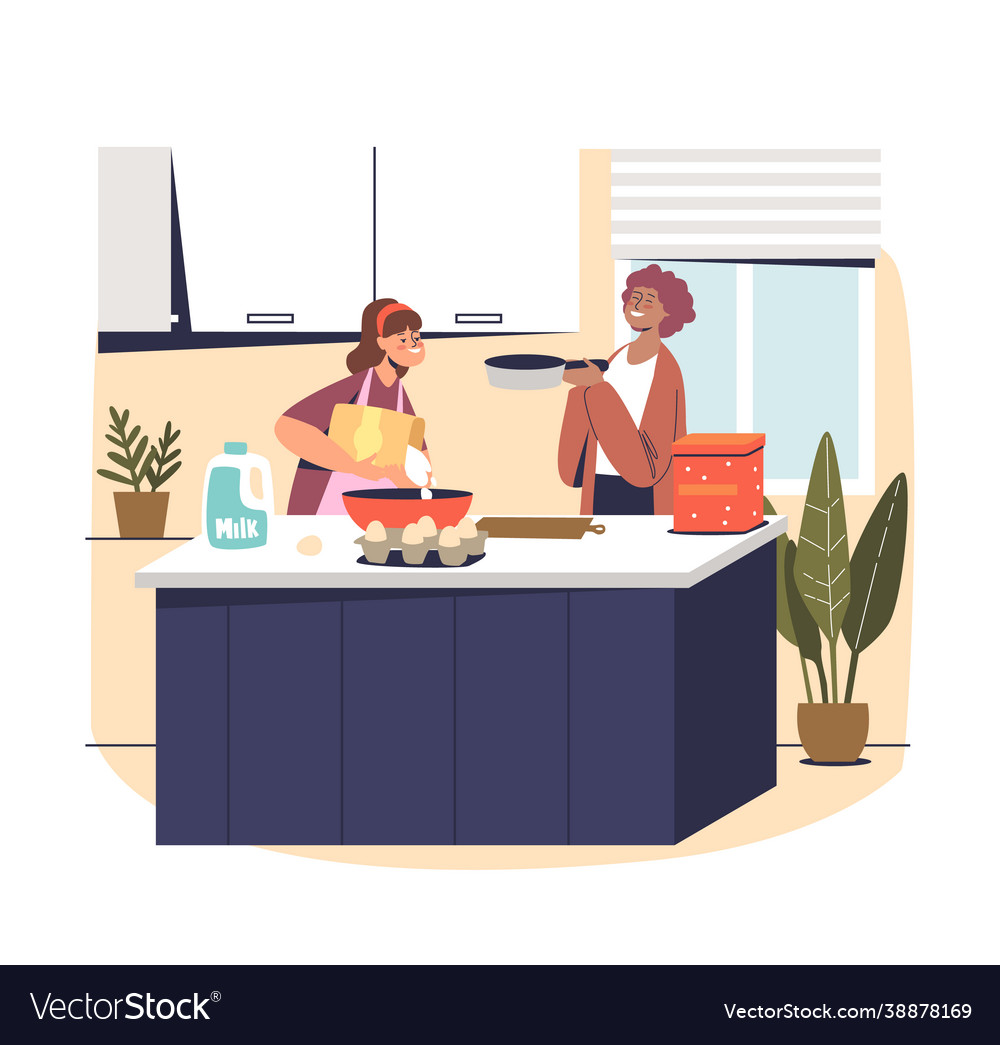 Mother and daughter cooking at home on kitchen