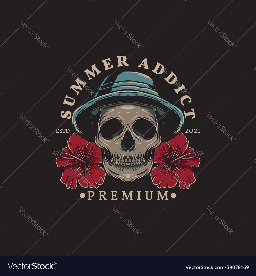 Summer Skull Wearing Hat And Hibiscus Flowers Vector Image