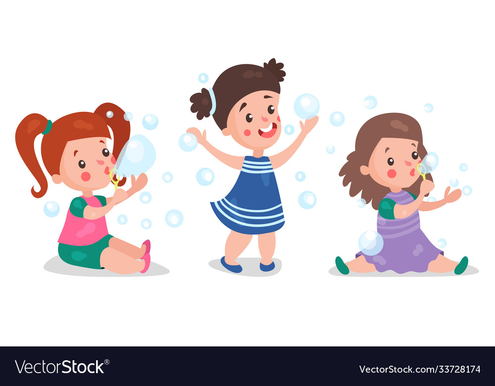 Cute Girls Playing With Soap Bubbles Royalty Free Vector