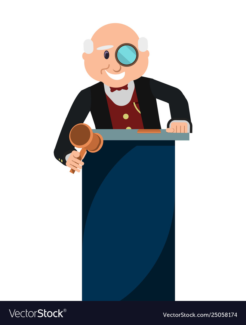 Old man auctioneer with gavel in auction house Vector Image