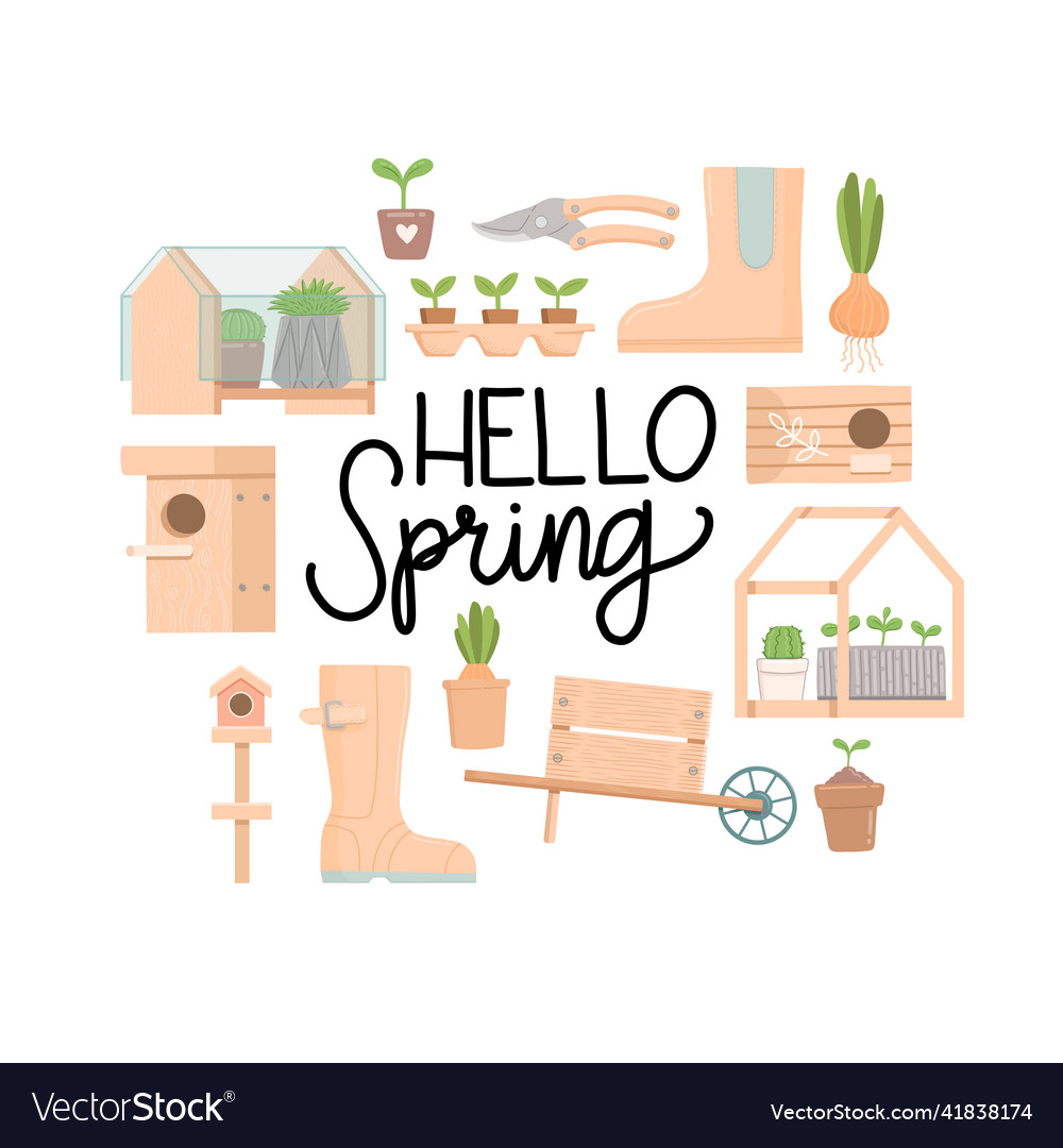 Spring set with lettering flat design