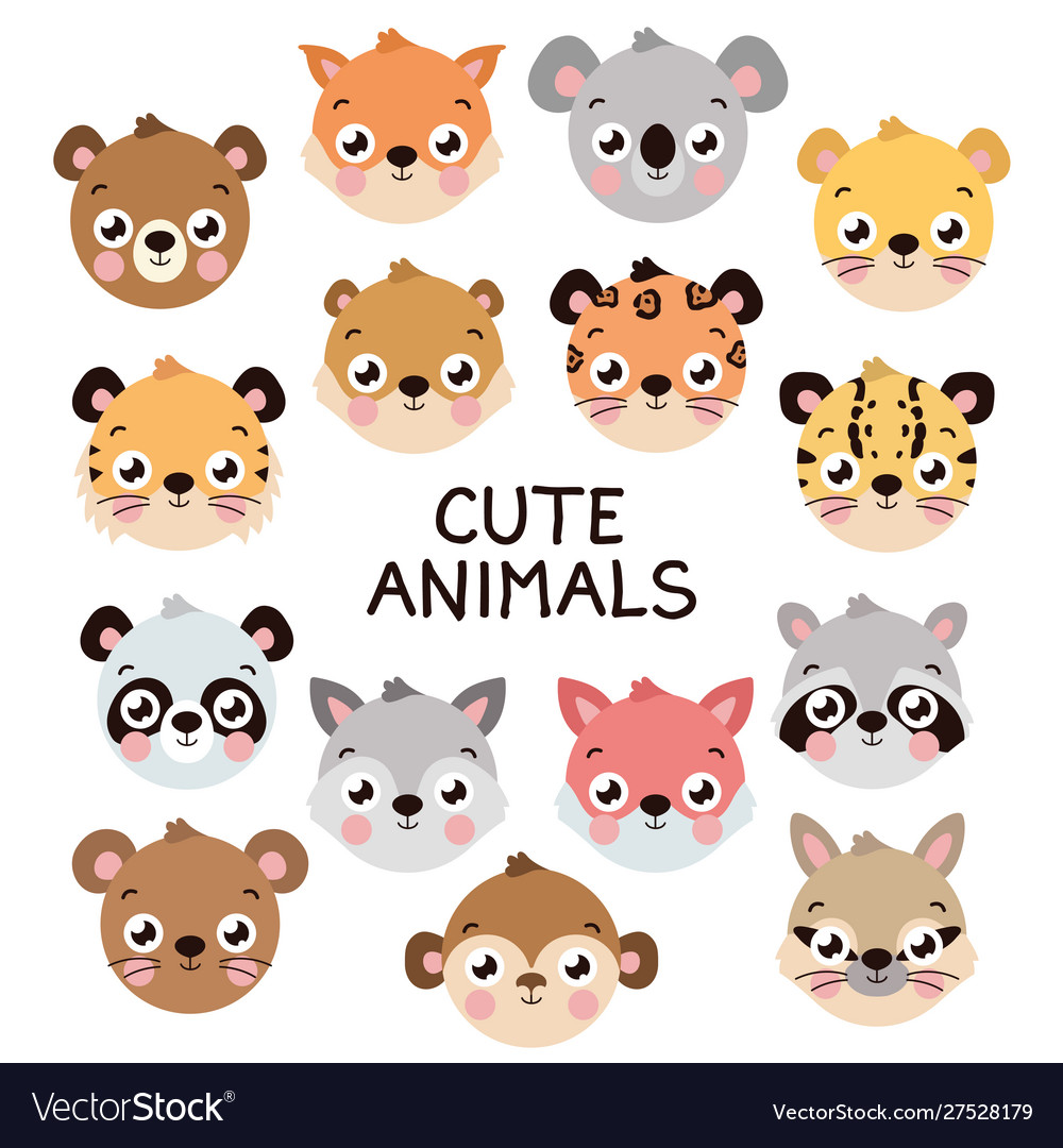 Cute different animal head set Royalty Free Vector Image