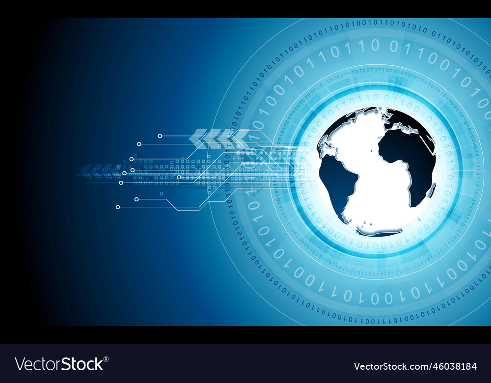 Blue tech background with globe and binary code