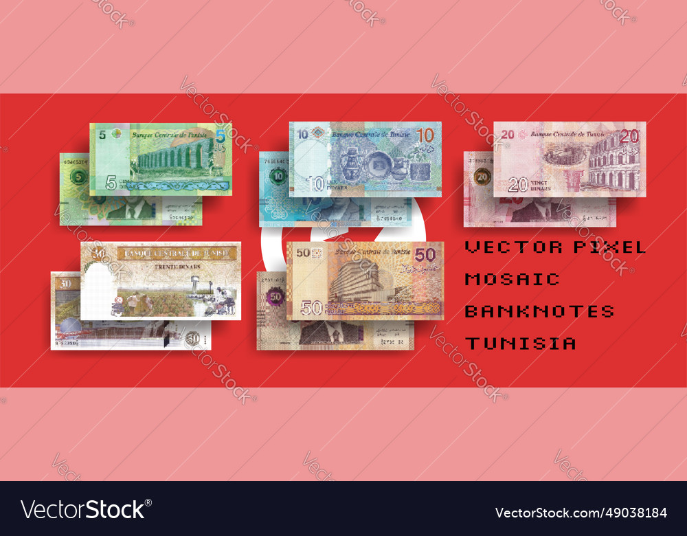 Set of mosaic pixel banknotes tunisia