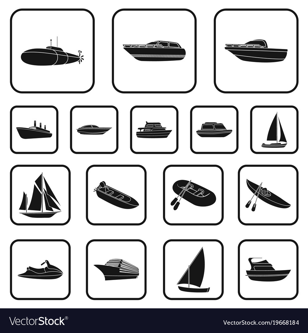 Water and sea transport black icons in set