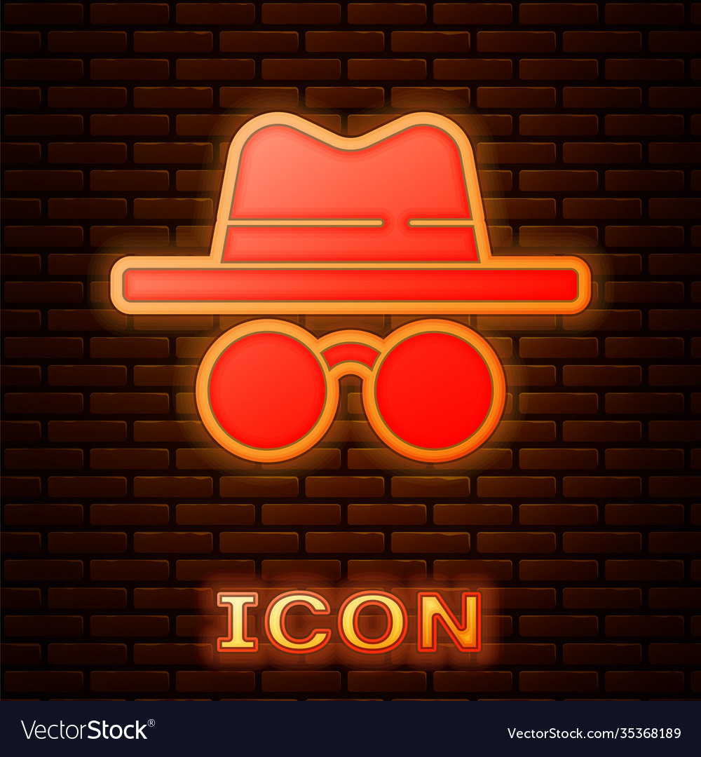 Glowing neon incognito mode icon isolated on brick