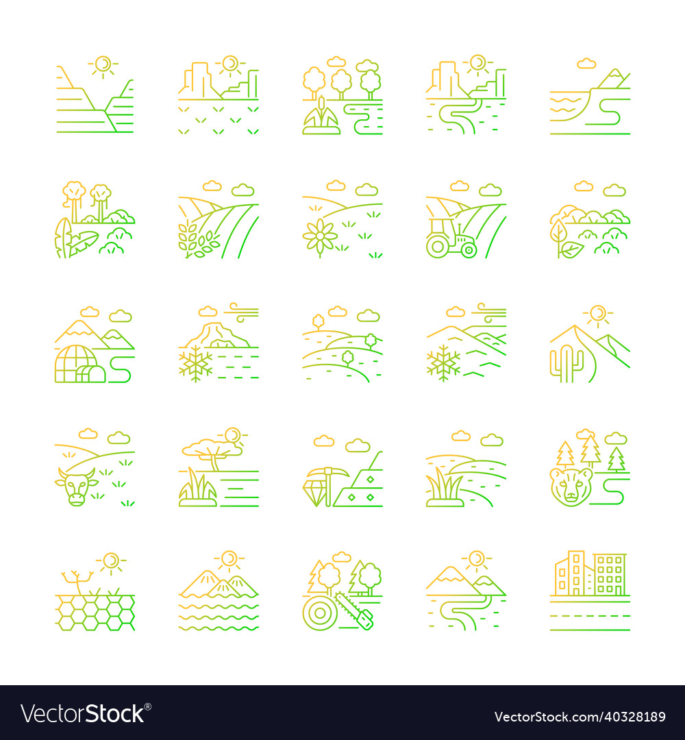 Land types gradient linear icons set vector image Land types gradient linear icons set