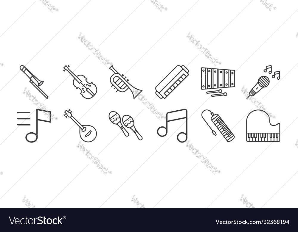 12 set linear music instruments icons thin vector image 12 set linear music instruments icons thin