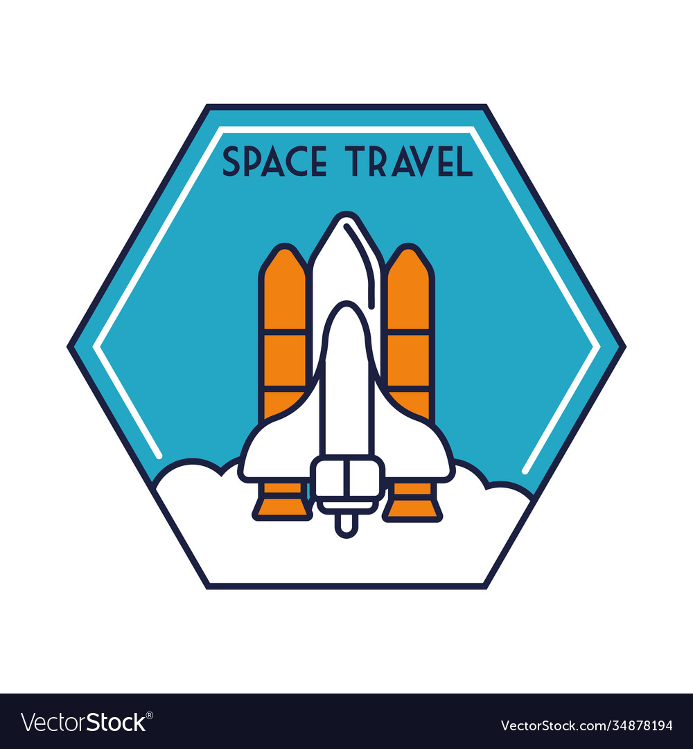 Space hexagon badge with spaceship flying line