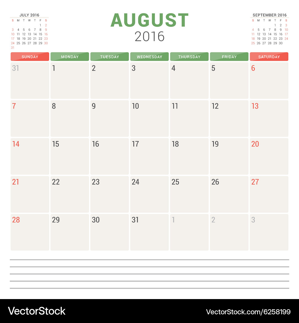 Calendar Planner 16 Flat Design Template August Vector Image