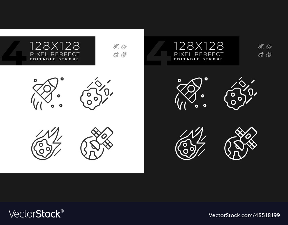 Cosmic exploration pixel perfect linear icons set vector image Cosmic exploration pixel perfect linear icons set
