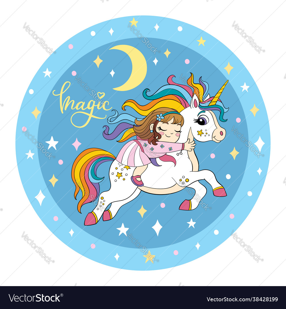 Cute girl sleeping on back a unicorn