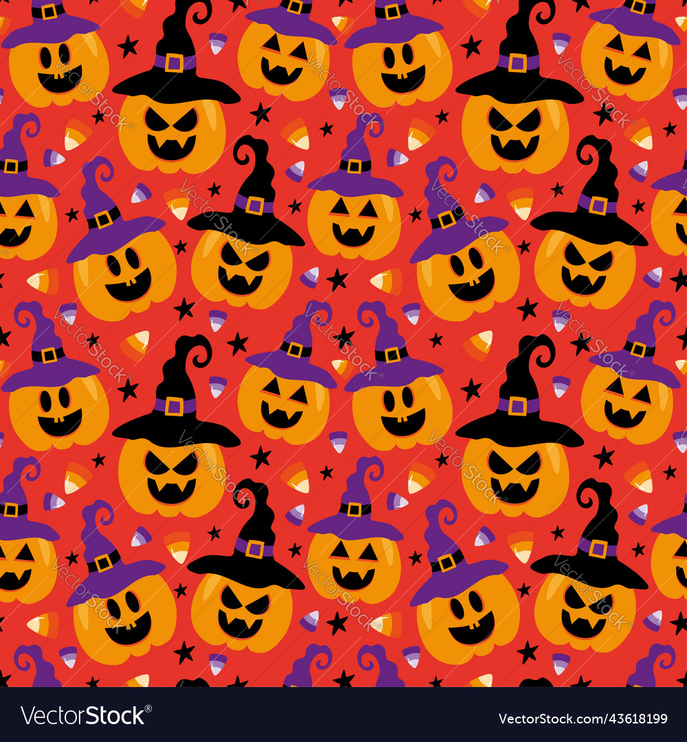 Scary jack o lantern face in witch hat and candy vector image Scary jack o lantern face in witch hat and candy