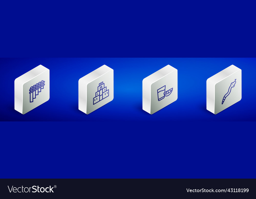 Set isometric line pan flute chichen itza