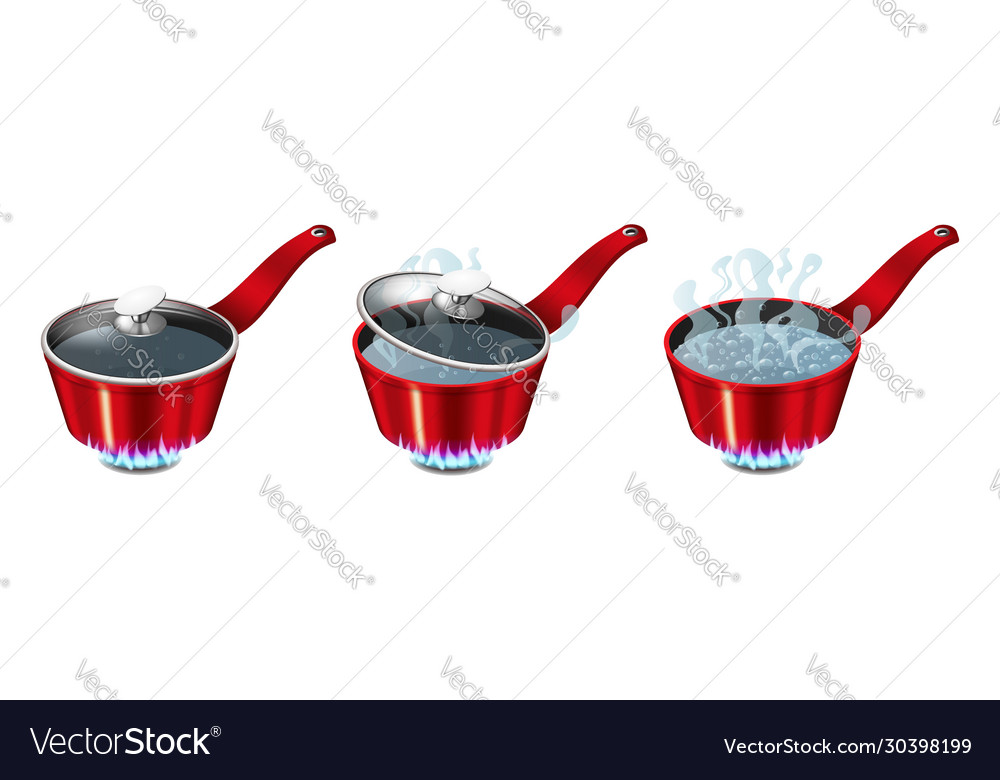 Set Red Pans With Boiling Water Opened Royalty Free Vector