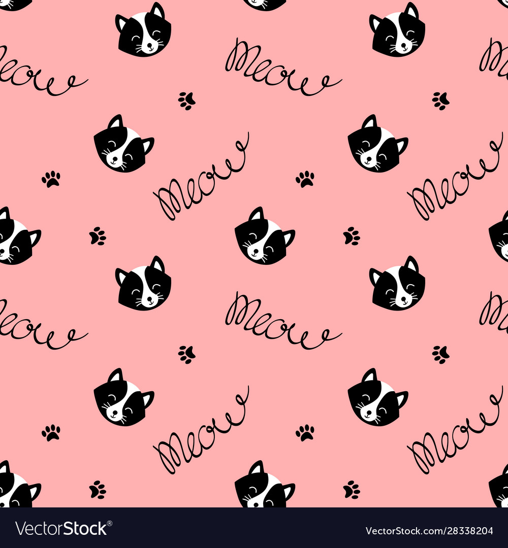 Seamless pattern with cat faces on pink background