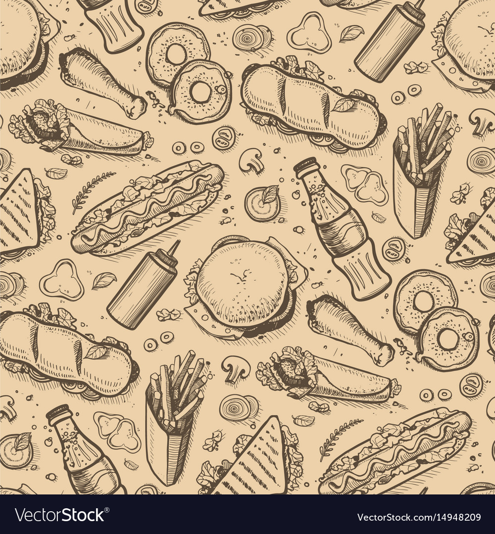 Fast food hand drawn vintage backdrop Royalty Free Vector