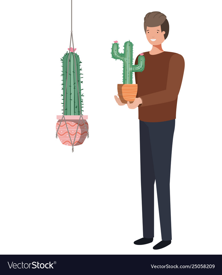 Man with cactus in macrame hangers