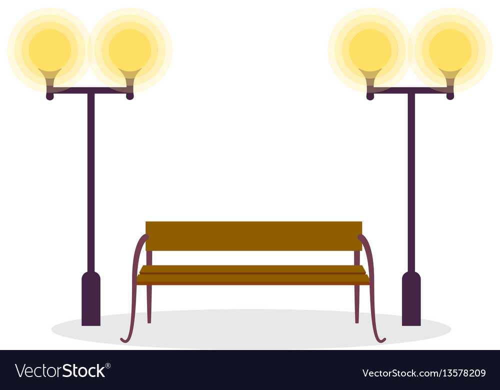 Wooden standard bench and two street lamp isolated