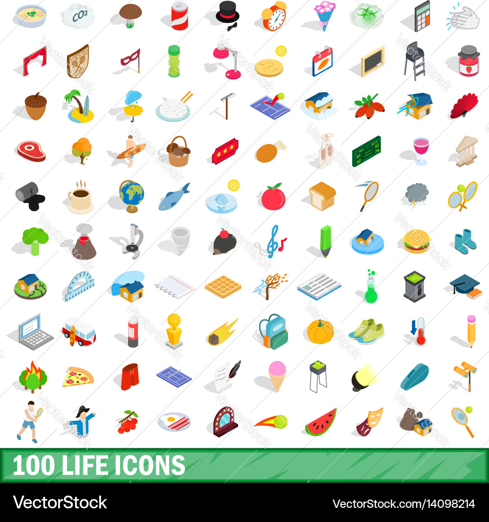 100 life icons set isometric 3d style Royalty Free Vector