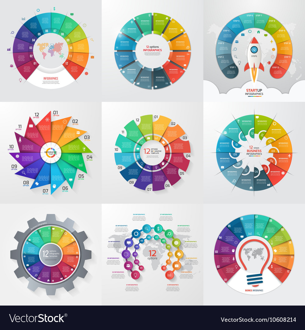 Set of 9 circle infographic templates 12 options