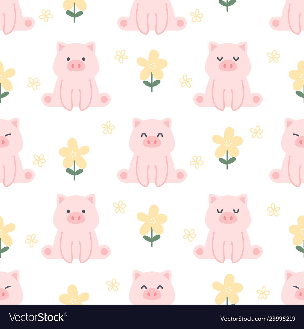 Cute pig and flowers seamless pattern background