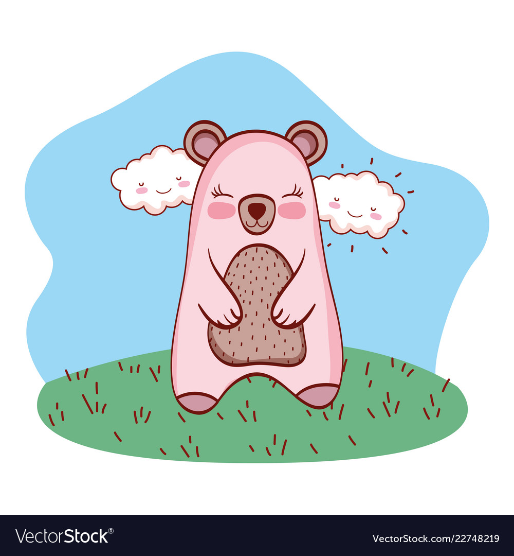 Pink bear grassy landscape cartoon Royalty Free Vector Image