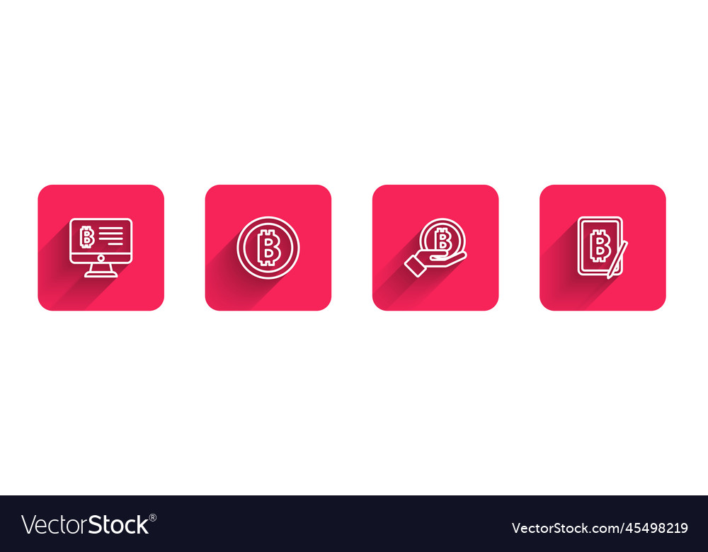 Set line mining bitcoin from monitor hand vector image Set line mining bitcoin from monitor hand
