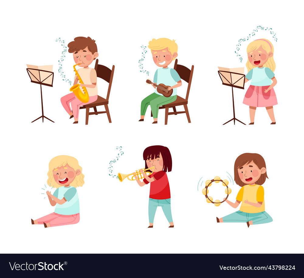 Artistic kids character playing musical instrument